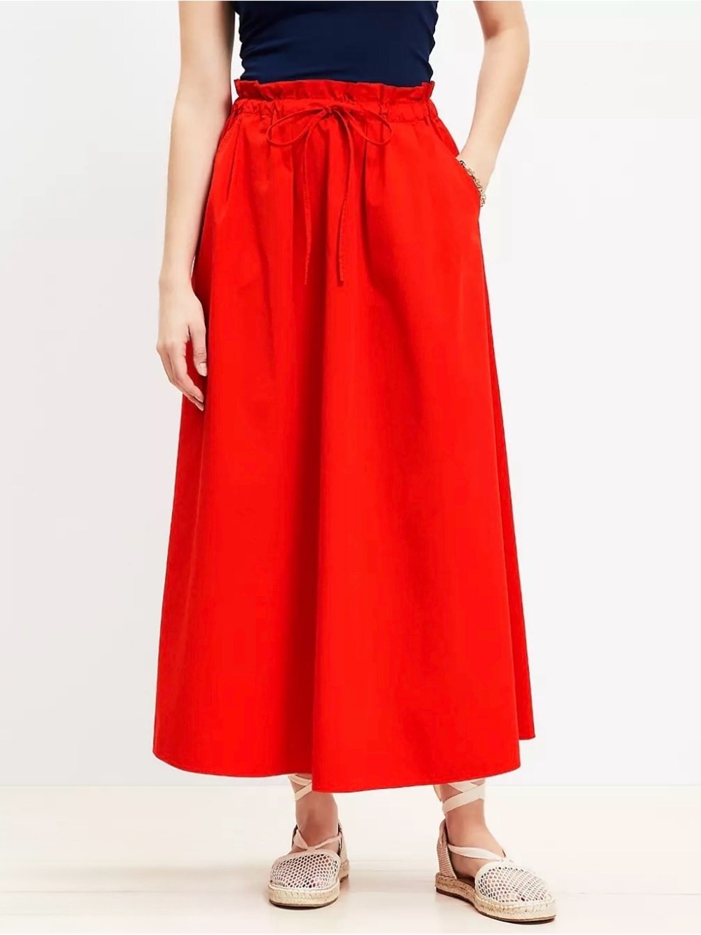 LOFT Red Drawstring Waist Maxi Skirt
